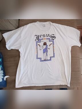 White Black Jesus Graphic Tee with Blue and Gold Accents